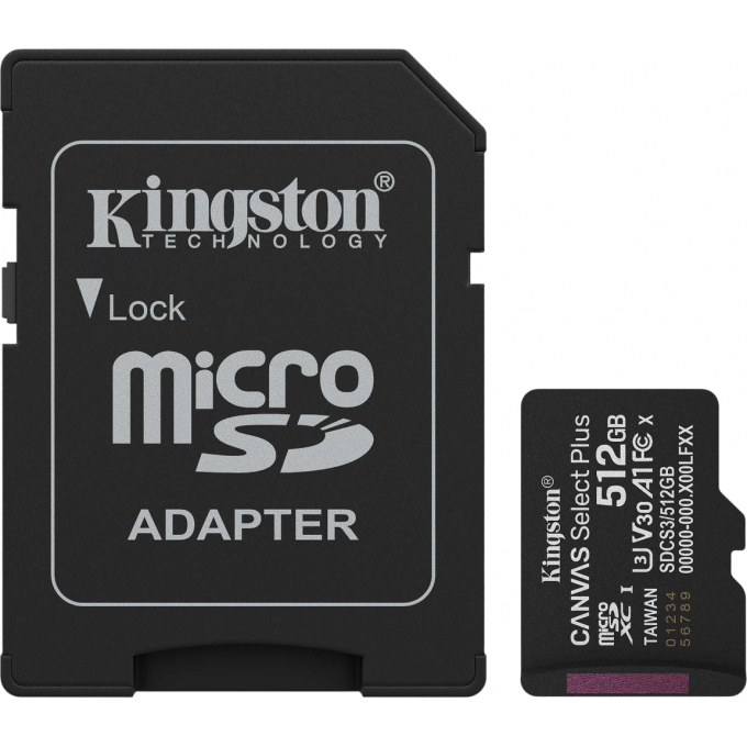 Карта памяти KINGSTON CANVAS SELECT PLUS 512GB Gen3 microSDXC 150MB/s A1 Card + Adapter SDCS3/512GB